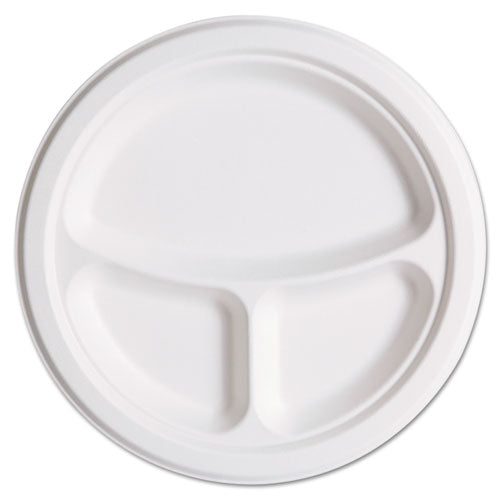 Renewable And Compostable Sugarcane Plates Club Pack, 3-compartment, 10" Dia, Natural White, 50-pack, 10 Packs-carton