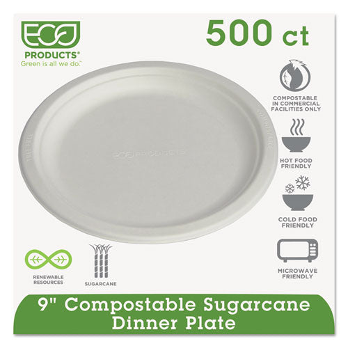 Renewable And Compostable Sugarcane Plates, 9" Dia, Natural White, 500-carton
