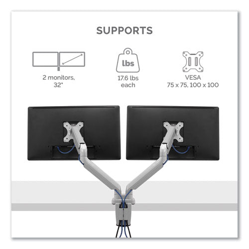 Platinum Series Dual Monitor Arm, For 27" Monitors, 360 Deg Rotation, 45 Deg Tilt, 180 Deg Pan, Silver, Supports 20 Lb