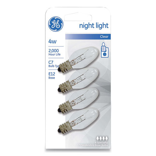 Incandescent C7 Night Light Bulb, 4 W, Clear, 4-pack