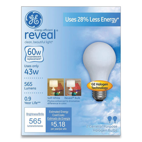 Reveal Energy-efficient A19 Halogen Light Bulb, 43 W, Soft White, 2-pack