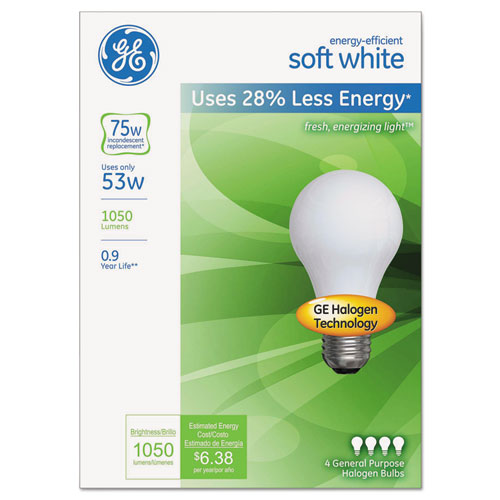 Energy-efficient A19 Halogen Bulb, Soft White 53 W, 4-pack