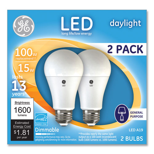 100w Led Bulbs, 15 W, A19, Daylight, 2-pack