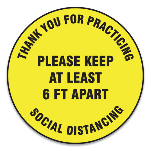 Slip-gard Floor Signs, 12" Circle,"thank You For Practicing Social Distancing Please Keep At Least 6 Ft Apart", Yellow, 25-pk