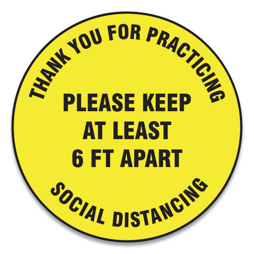 Slip-gard Floor Signs, 17" Circle,"thank You For Practicing Social Distancing Please Keep At Least 6 Ft Apart", Yellow, 25-pk