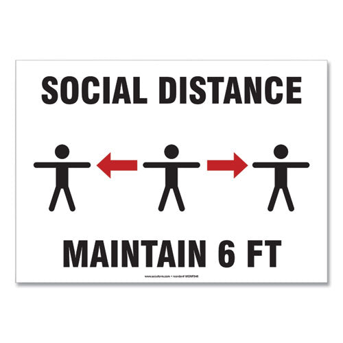 Social Distance Signs, Wall, 10 X 7, "social Distance Maintain 6 Ft", 3 Humans-arrows, White, 10-pack