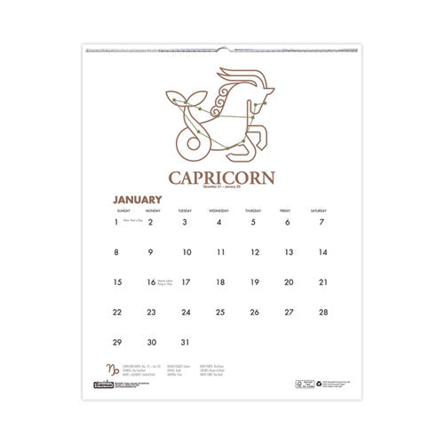 Recycled Zodiac Wall Calendar, Zodiac Artwork, 14 X 11, 12-month (jan To Dec), White-multicolor Sheets