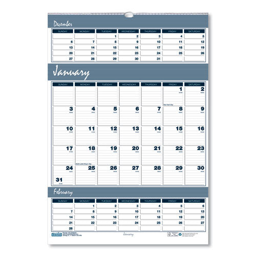 Bar Harbor Recycled Wirebound 3-months-per-page Wall Calendar, 12 X 17, White-blue-gray Sheets, 14-month (dec-jan): 2022-2024