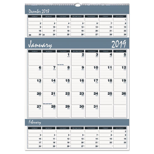 Bar Harbor Recycled Wirebound 3-months-per-page Wall Calendar, 15.5 X 22, White-blue-gray Sheets, 14-month(dec-jan):2022-2024