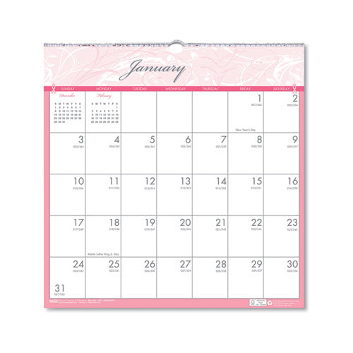 Recycled Monthly Wall Calendar, Breast Cancer Awareness Artwork, 12 X 12, White-pink-gray Sheets, 12-month (jan-dec): 2023