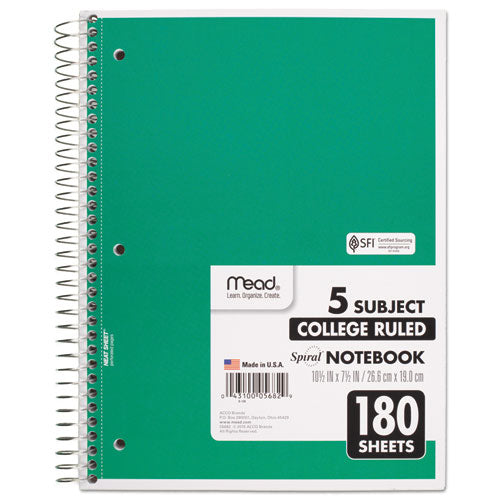 Spiral Notebook, 5 Subjects, Medium-college Rule, Assorted Color Covers, 10.5 X 8, 180 Sheets