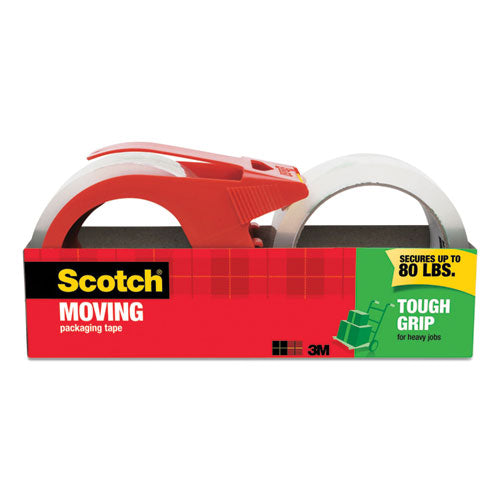 Tough Grip Moving Packaging Tape With Dispenser, 3" Core, 1.88" X 38.2 Yds, Clear, 2-pack