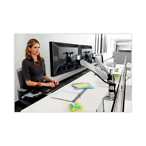 Easy-adjust Desk Dual Arm Mount For 27" Monitors, 360 Deg Rotation, +90--15 Deg Tilt, 360 Deg Pan, Silver, Supports 20 Lb