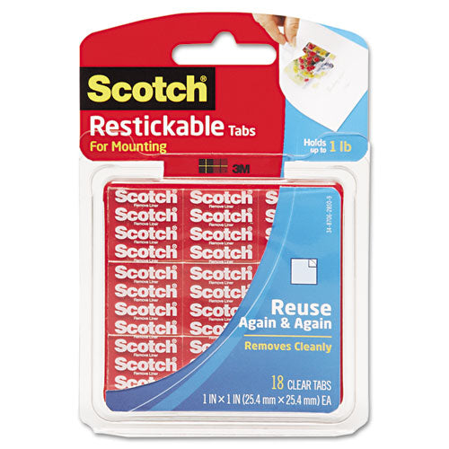 Restickable Mounting Tabs, Repositionable, Holds Up To 0.6 Lb, 0.88 X 0.88, Clear, 18-pack