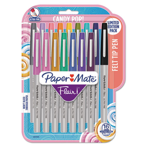 Flair Felt Tip Porous Point Pen, Stick, Extra-fine 0.4 Mm, Assorted Ink Colors, Gray Barrel, 16-pack