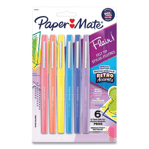Flair Felt Tip Porous Point Pen, Stick, Medium 0.7 Mm, Assorted Ink And Barrel Colors With Retro Accents, 6-pack