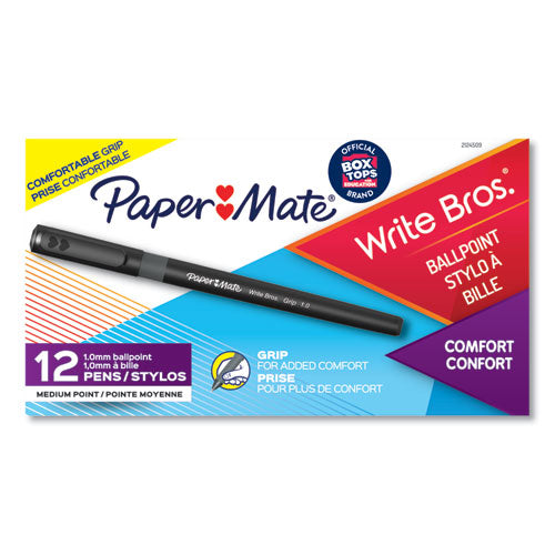 Write Bros. Grip Ballpoint Pen, Stick, Medium 1 Mm, Black Ink, Black Barrel, Dozen