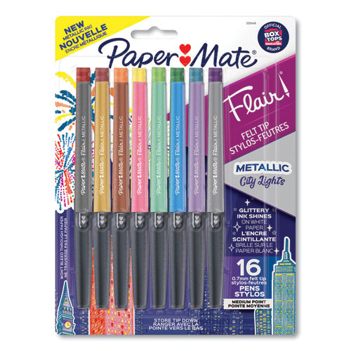Flair Metallic Porous Point Pen, Stick, Medium 0.7 Mm, Assorted Ink And Barrel Colors, 16-pack