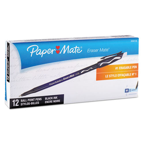 Eraser Mate Ballpoint Pen, Stick, Medium 1 Mm, Black Ink, Black Barrel, Dozen