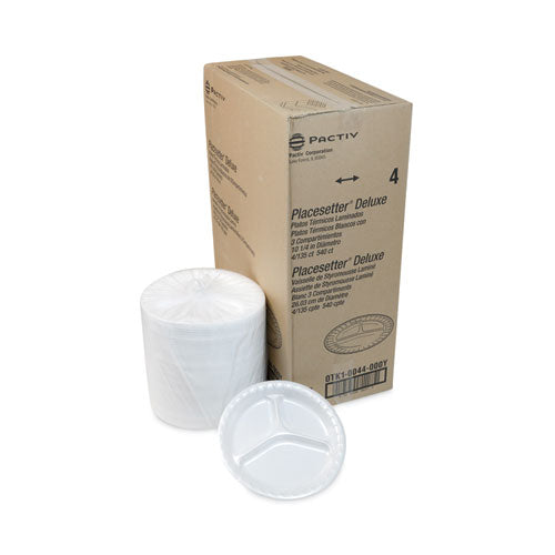 Placesetter Deluxe Laminated Foam Dinnerware, 3-compartment Plate, 10.25" Dia, White, 540-carton