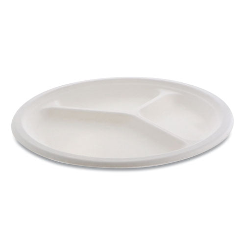 Earthchoice Compostable Fiber-blend Bagasse Dinnerware, 3-compartment Plate, 10" Dia, Natural, 500-carton