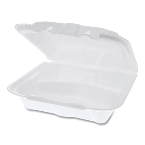 Foam Hinged Lid Containers, Dual Tab Lock, 3-compartment, 8.42 X 8.15 X 3, White, 150-carton