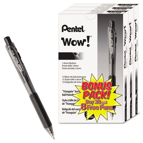 Wow! Ballpoint Pen Value Pack, Retractable, Medium 1 Mm, Black Ink, Black Barrel, 36-pack