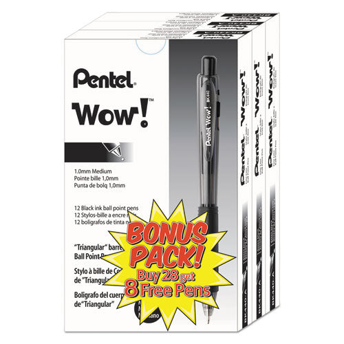 Wow! Ballpoint Pen Value Pack, Retractable, Medium 1 Mm, Black Ink, Black Barrel, 36-pack