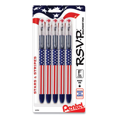 R.s.v.p. Stars And Stripes Ballpoint Pen, Stick, Fine 0.7 Mm, Black Ink, Red-white-blue Barrel, 5-pack