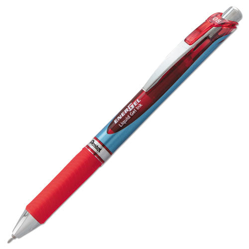 Energel Rtx Gel Pen, Retractable, Fine 0.5 Mm Needle Tip, Red Ink, Silver-red Barrel