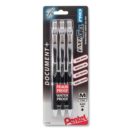 Energel Pro Gel Pen, Retractable, Medium 0.7 Mm, Black Ink, Black Barrel, 3-pack