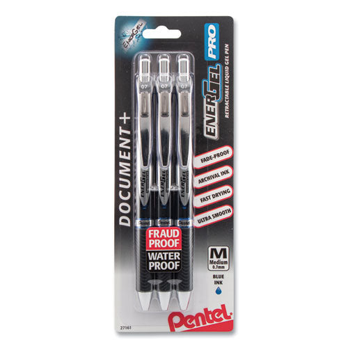 Energel Pro Gel Pen, Retractable, Medium 0.7 Mm, Blue Ink, Black Barrel, 3-pack