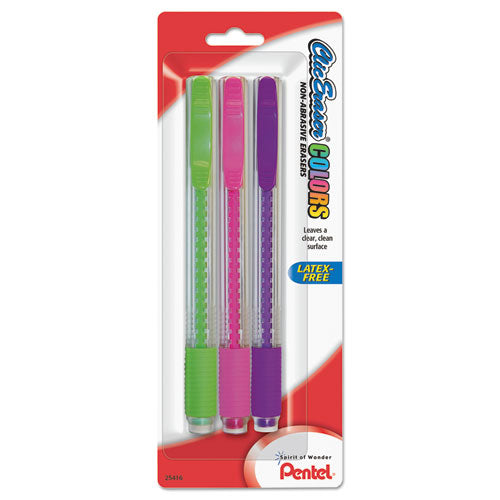 Clic Eraser Colors Eraser, For Pencil Marks, White Eraser, Assorted Barrel Colors, 3-pack
