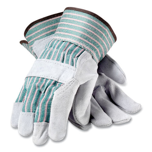 Bronze Series Leather-fabric Work Gloves, Medium (size 8), Gray-green, 12 Pairs
