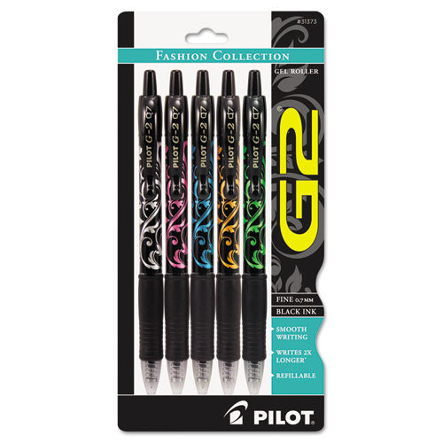 G2 Fashion Premium Gel Pen, Retractable, Fine 0.7 Mm, Black Ink, Assorted Barrel Colors, 5-pack
