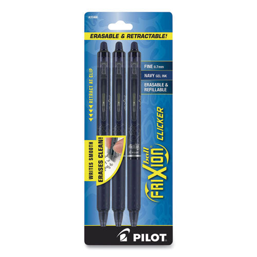 Frixion Clicker Erasable Gel Pen, Retractable, Fine 0.7 Mm, Navy Ink, Navy Barrel, 3-pack
