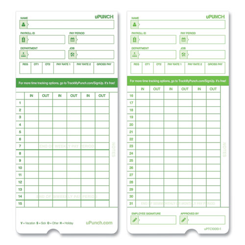 Time Clock Cards For Upunch Hn3000, Two Sides, 7.37 X 3.37, 50-pack