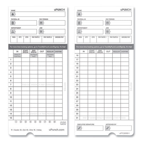 Time Clock Cards For Upunch Hn4000, Two Sides, 7.37 X 3.37, 50-pack