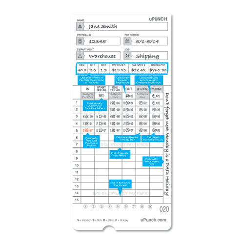 Time Clock Cards For Upunch Hn2000-hn4000-hn4600, Two Sides, 7.5 X 3.5, 100-pack
