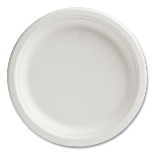 Compostable Paper Plates, Bagasse, 9" Dia, White, 250-pack