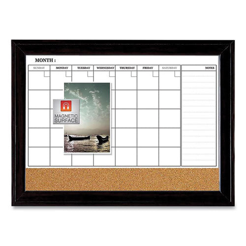 Magnetic Combination Dry Erase Calendar-cork Board, 35 X 23, Black Wood Frame