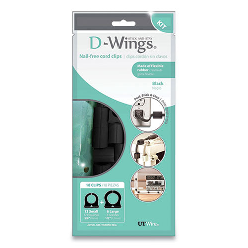 D-wings Nail-free Cord Clips, 12 Small 0.38", Six Large 0.5", Black, 18-pack