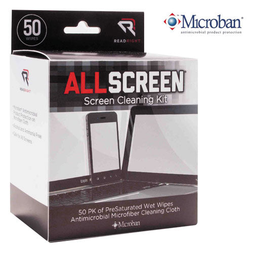 Allscreen Screen Cleaning Kit, 50 Individually Wrapped Presaturated Wipes, 1 Microfiber Cloth-box