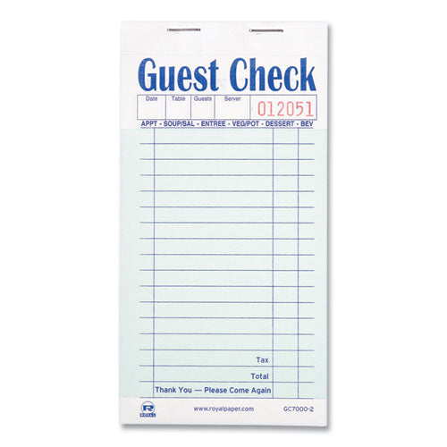 Guest Check Book, Two-part Carbonless, 3.6 X 6.7, 1-page, 50-book, 50 Books-carton