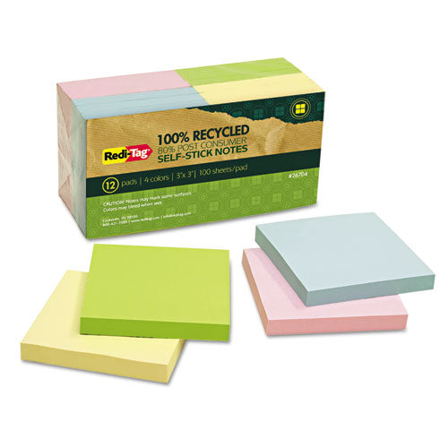 100% Recycled Notes, 3 X 3, Four Colors, 12 100-sheet Pads-pack