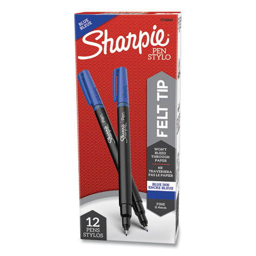 Water-resistant Ink Plastic Point Pen, Stick, Fine 0.4 Mm, Blue Ink, Black-gray-blue Barrel, Dozen