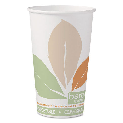 Bare By Solo Eco-forward Pla Paper Hot Cups, 16 Oz, Leaf Design, White-green-orange, 50-pack