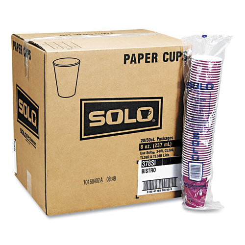 Solo Paper Hot Drink Cups In Bistro Design, 10 Oz, Maroon, 1,000-carton