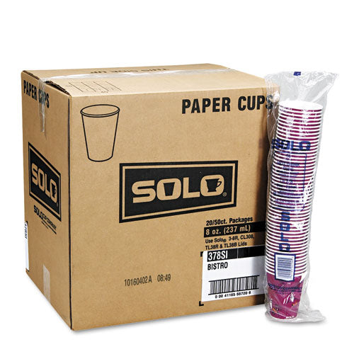 Solo Paper Hot Drink Cups In Bistro Design, 8 Oz, Maroon, 50-bag, 20 Bags-carton