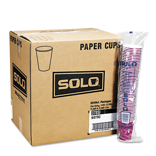 Solo Paper Hot Drink Cups In Bistro Design, 12 Oz, Maroon, 50-bag, 20 Bags-carton